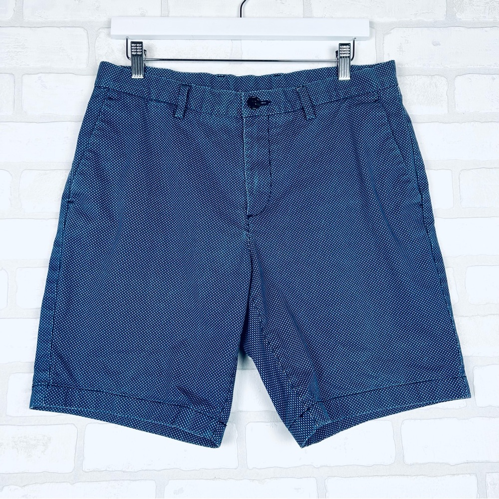Mens Navy Blue Micro Geometric Print Chino Shorts Flat Front Tailored Fit 34